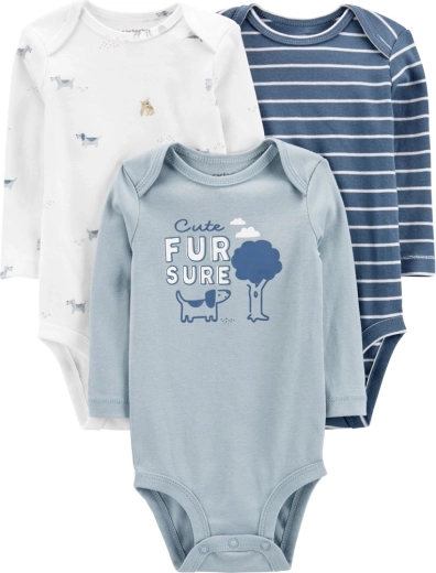 Carter’s babyrompers met lange mouwen Blue Dogs, 3 stuks, newborn maat 56