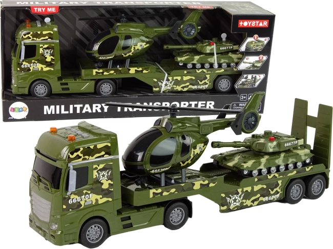 Militaire set – vrachtwagen met aanhanger, helikopter en tank met vliegwiel