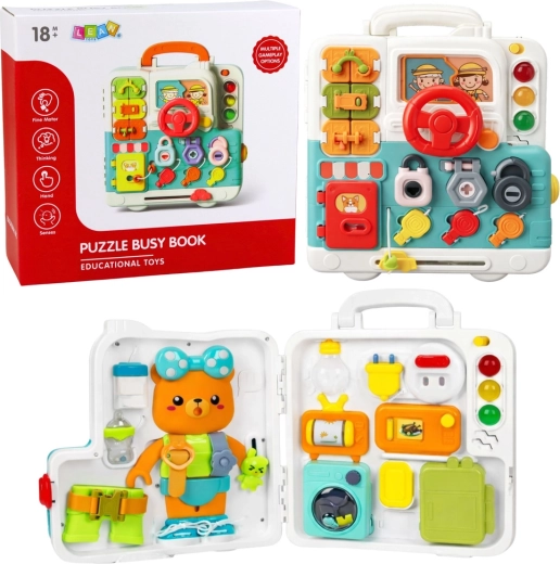 Interactief manipuleerboek – educatieve busy board met licht en geluid, 16 elementen