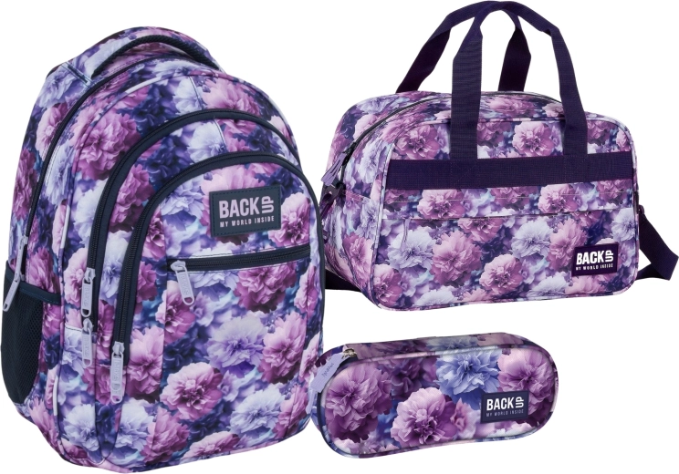 BackUP Violet Bloom voordelige set 3-in-1 schoolrugzak, etui en sporttas