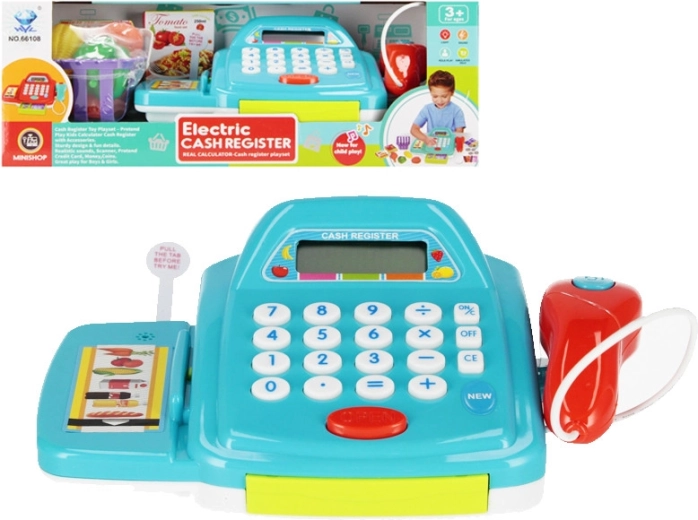Blauwe elektrische kinderkassa met accessoires