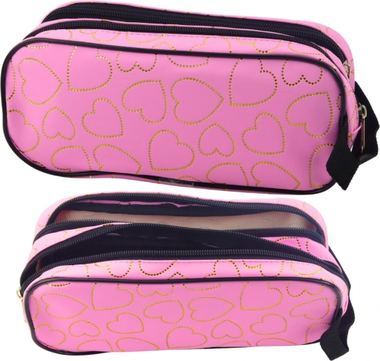 Schooletui roze met gouden hartjes, tweevaks