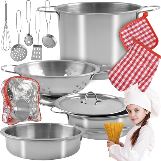 Metalen pannenset voor kinderen met transparante rugzak (13-delig)