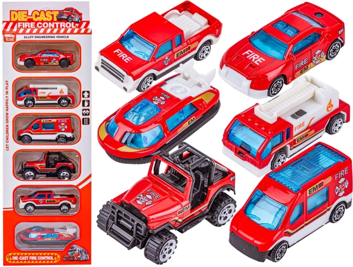 Metalen brandweerautomodellen 1:64 – set van 6 stuks