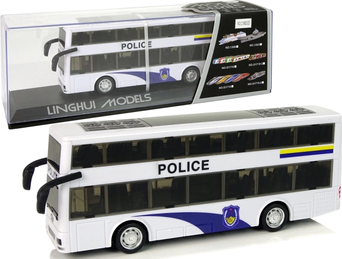 Dubbeldekker politiebus met pull-back aandrijving, licht en geluid