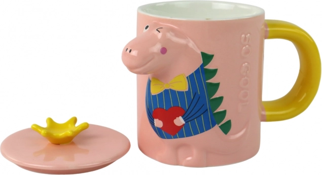 Keramische mok met deksel en lepeltje met dinosaurusmotief roze 400 ml