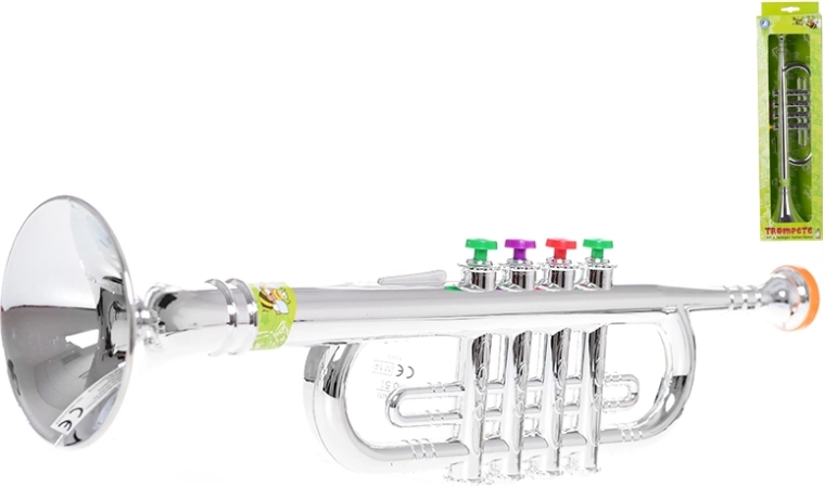 Kinder trompet 37,5 cm met zilveren glans en gekleurde kleppen