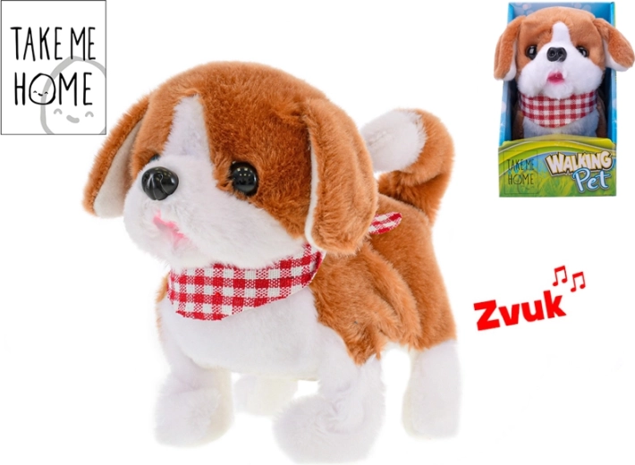 Pluche hondje lopend en blaffend 17 cm, wit‑bruin