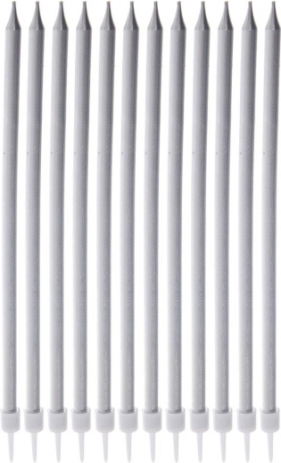 Lange zilveren kaarsen voor taart 14,5 cm, 12 stuks