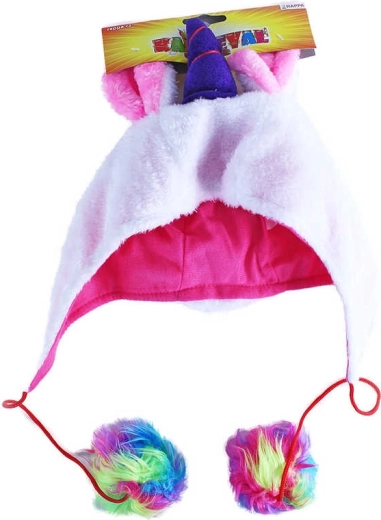 Carnavalspluchen eenhoornmuts met pompons - 1 stuk