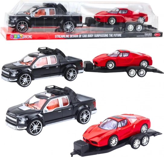 Set zwarte terreinwagen met afneembare aanhanger en rode sportauto 59 cm