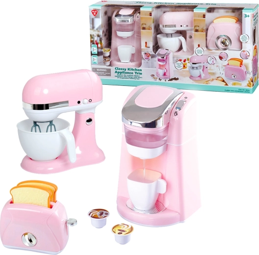 Playgo drie stijlvolle keukenapparaten in roze (koffiezetapparaat, mixer, broodrooster)