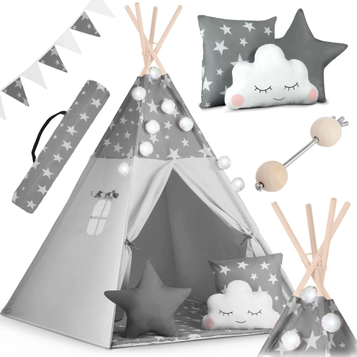 Kinderteepee NUKIDO met lichtjes en slinger – grijs met sterretjes