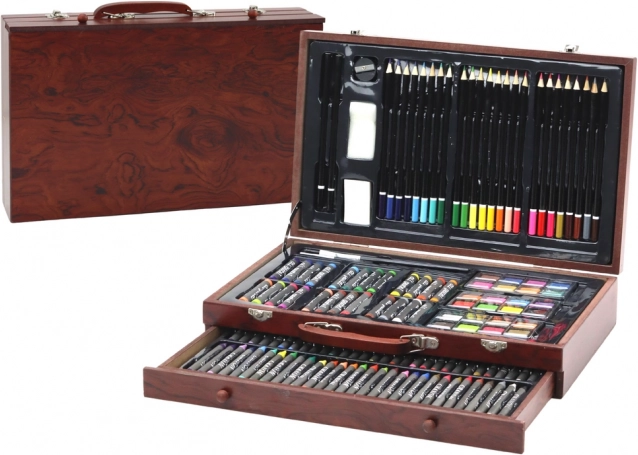 Kunstset in houten koffertje kleurenpotloden, pastelpotloden, verf