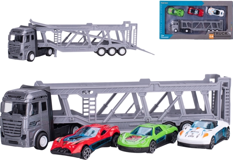 Metalen autotransporter met 3 autootjes 22 cm