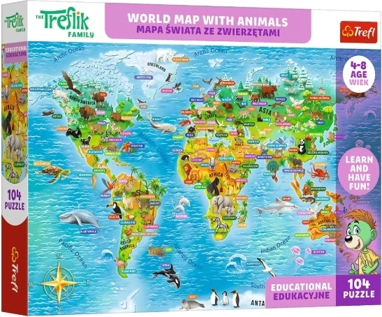 Educatieve kinderpuzzel Wereldkaart met dieren (104 stukjes)