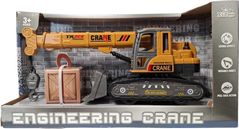 Bouwkraan op rupsbanden met bak – pull-back aandrijving