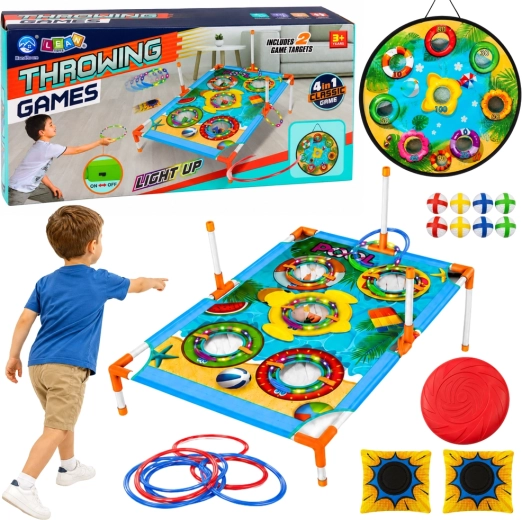 Behendigheidsspel 4-in-1 voor mikken en gooien – doelwit, scorebord, ringen, werpzakjes en frisbee