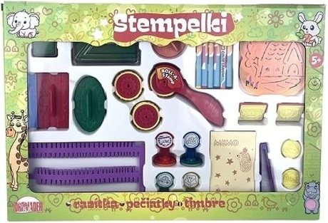 Set kinderstempels in een kleurrijk doosje