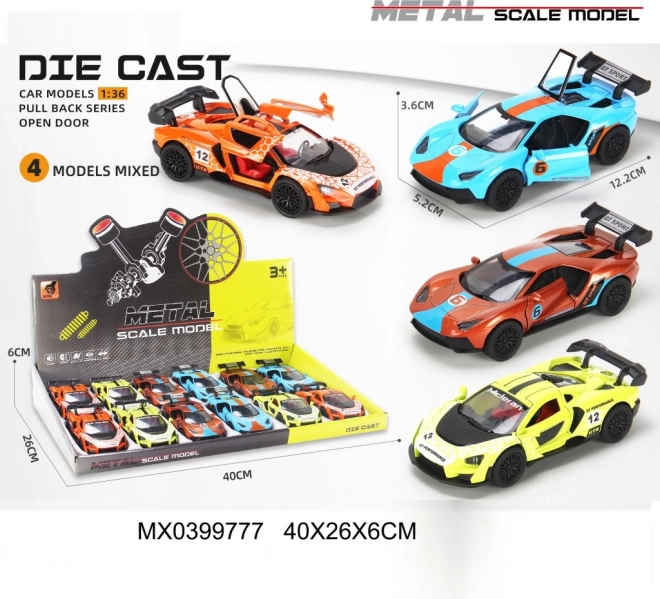 Metalen raceautootje 1:36 met openende deuren en frictie-aandrijving