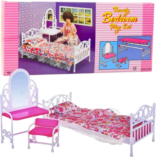 Meubelset voor poppen met bed, kaptafel en stoel met bloemenbeddengoed