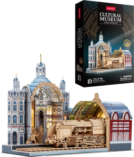 CubicFun 3D-puzzel historisch treinstation Time Express met ledverlichting, 253 stukjes