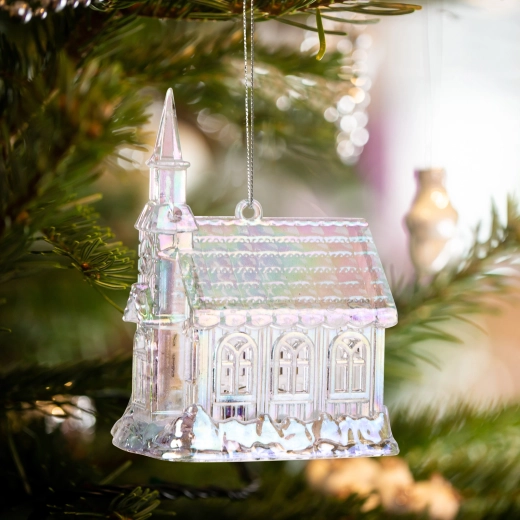 Iriserende acryl kerstversiering in de vorm van een kerk
