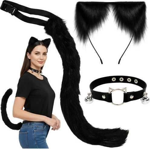 Ruhhy katten-/vossen-/wolvenkostuum - zwarte 3-in-1 set (staart, oren, choker)