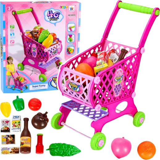 Roze kinderwinkelwagentje met levensmiddelen, 46-delige set, 52 cm