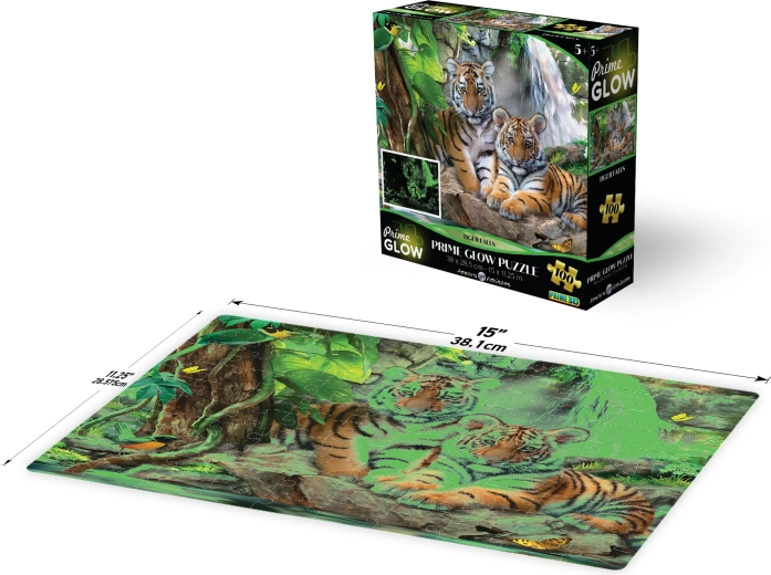 Lichtgevend 3D-puzzel – tijger bij de waterval, 100 stukjes