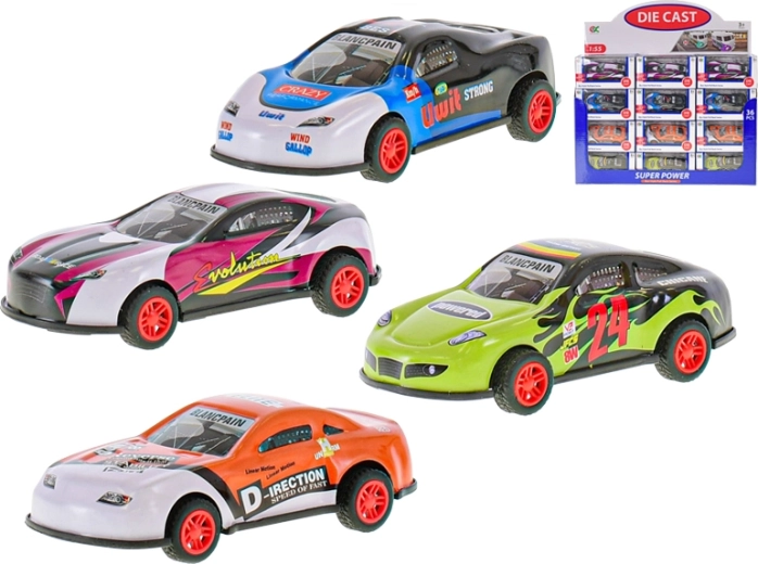 Metalen autootje 9 cm met terugtrekmechanisme, 1:55, 4 soorten