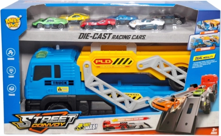 Auto-transportwagen met ramp en 6 raceautootjes