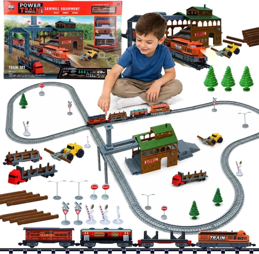 Elektrische treinbaan met zagerij en kraan, 3 wagons, rails 450 cm (60 onderdelen)