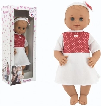 Pop Hamiro knipogend 50 cm met stevig lichaam en witte jurk met rode stippen