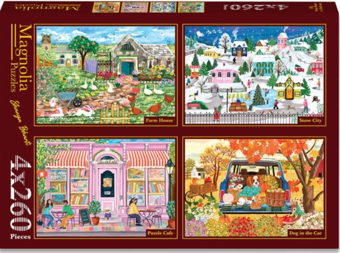 Magnolia puzzel landelijke hoeve, besneeuwde stad, magisch café en hond als bijrijder (4x260 stukjes)