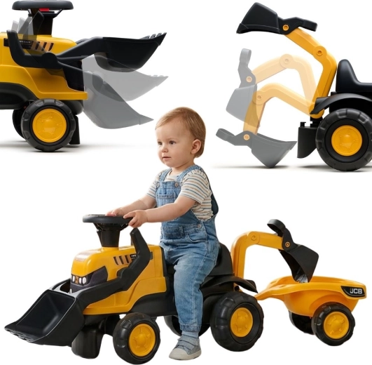 Looptractor JCB met aanhanger, schep en hark voor kinderen van 1–3 jaar