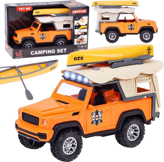 Terreinwagen voor kamperen met kajak en peddels, met licht en geluid