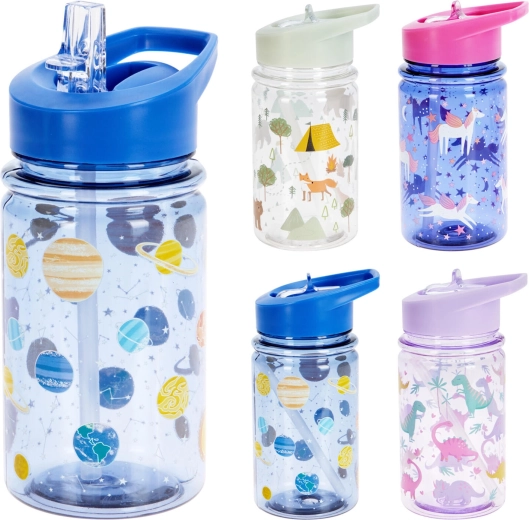 Kinder drinkfles met rietje 450 ml – mix van kleuren en designs