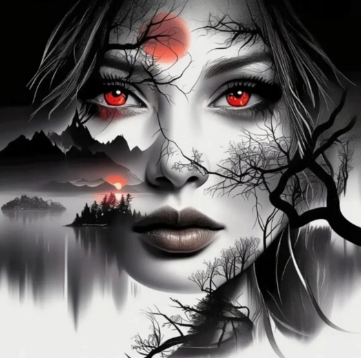 Diamantschilderen – vrouw met rode ogen 30 × 40 cm