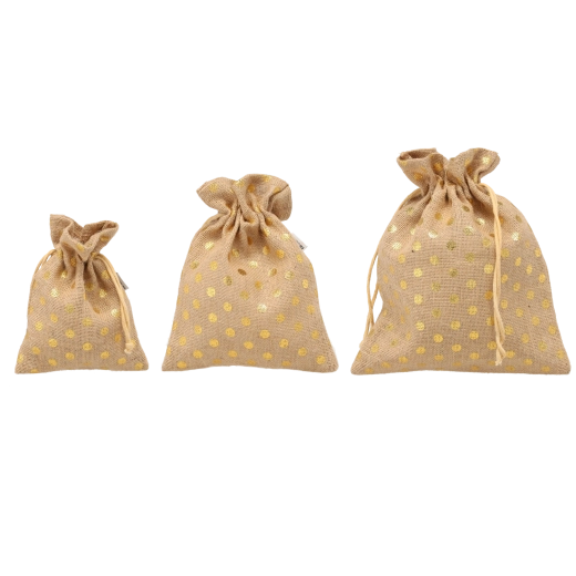 Set jute zakjes met gouden stippen 30 × 25 / 25 × 20 / 20 × 15 cm
