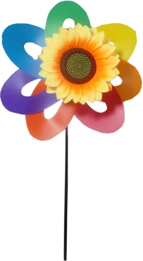Kleurrige windmolen in de vorm van een zonnebloem op een plastic stok