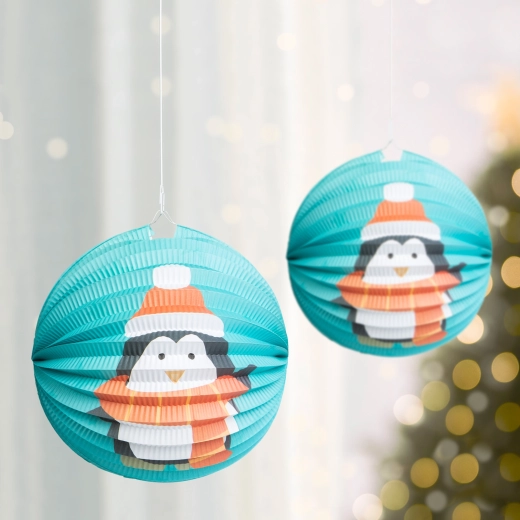 Kerstpapieren lantaarn met pinguïnmotief 25 cm