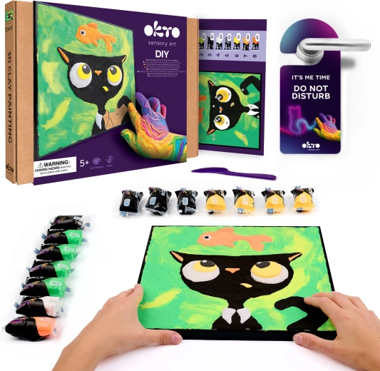 Okto zwarte kat met vis – creatieve set schilderen met klei op nummer 29 × 29 cm