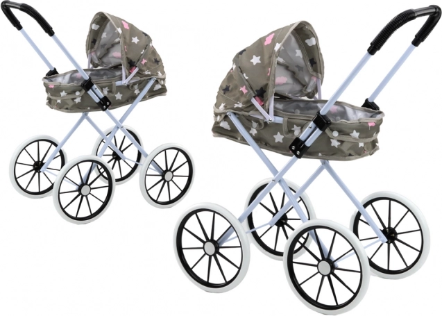 Poppenwagen met opvouwbare kap, grote foamwielen, grijs met sterretjes