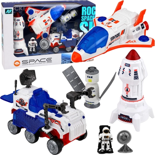 Kosmische set met raket, spaceshuttle en rover