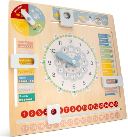 Houten educatieve kalender met klok Woet