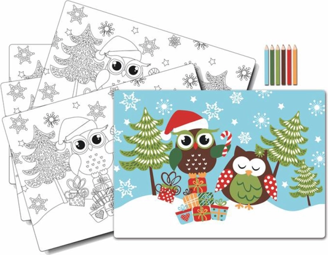 Kinderplacemats kleurplaten Uil Kerst met potloden, 5 stuks