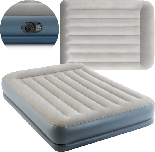 Opblaasbaar velours luchtbed INTEX Pillow Rest Mid-Rise, tweepersoons met elektrische pomp 203 × 152 × 30 cm
