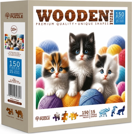 Houten puzzel Katjes en bolletjes wol, 150 stukjes