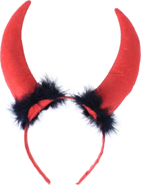 Duivelshorens maxi met veren op satijnen haarband